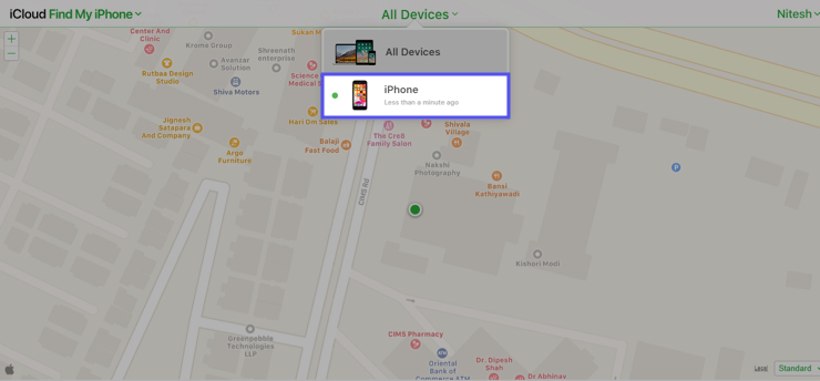 Select the device name from the list you want to locate